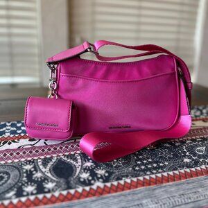 EUC, Michael Kors Hot Pink Jet Set Medium Nylon Crossbody with Airpods Pro Case